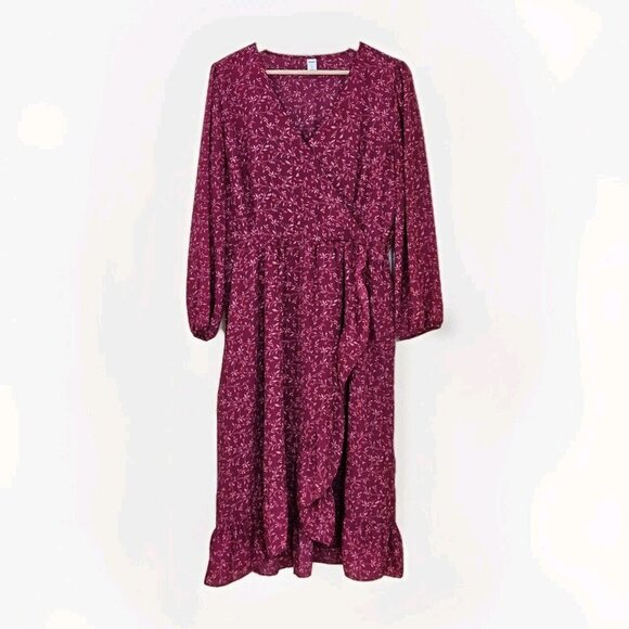 Old Navy Faux Wrap Dress Women L Wine LS Midi Lined Ruffles Dainty Floral Boho - Picture 1 of 16